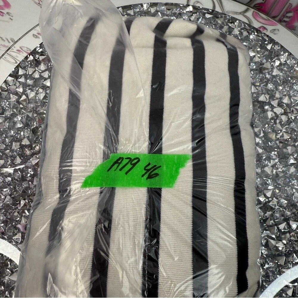 Chico's pull over shirt buttons, navy Black and White Striped Long Sleeve Top